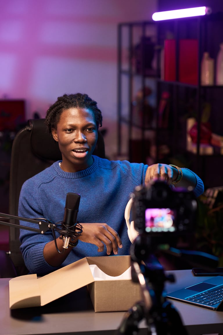 African American vlogger conducting a livestream