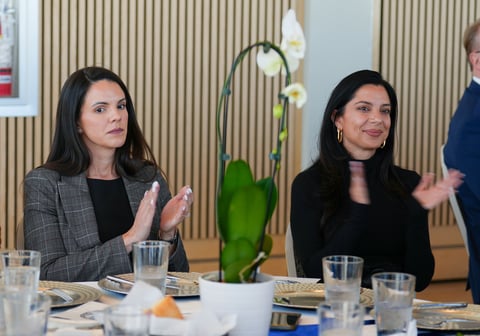 Two women at a dining table during a professional meeting, gesturing while speaking with glasses of water and place settings visible