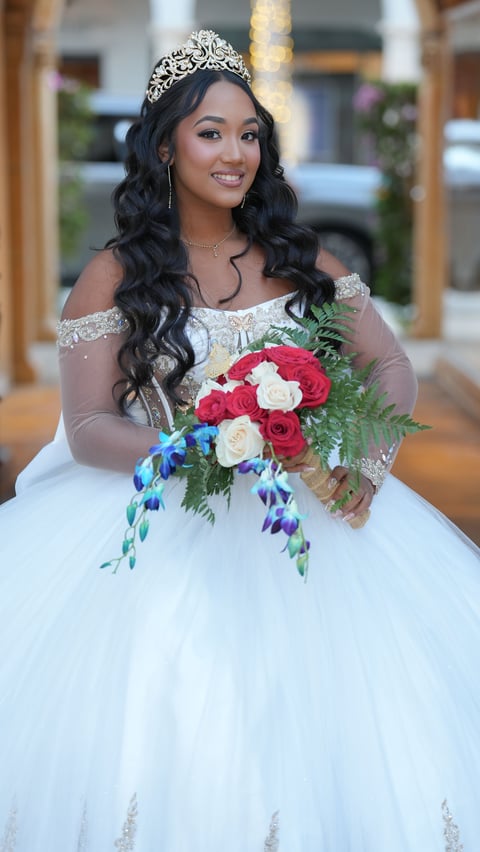 Bride in white ball gown and tiara holding bouquet of red, white, and blue flowers in an elegant venue