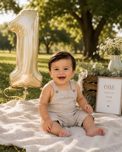 Smiling baby boy in overalls sitting on white blanket outdoors with large number 1 balloon and flowers, first birthday celebration